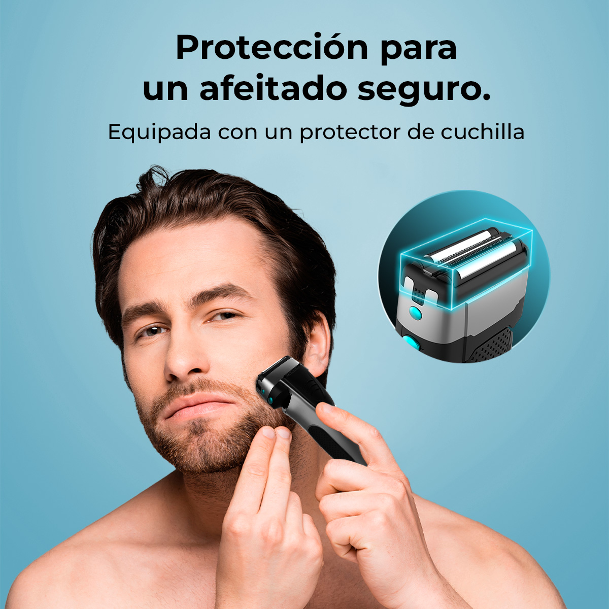 Hombre afeitándose con maquinilla eléctrica; primer plano del cabezal.