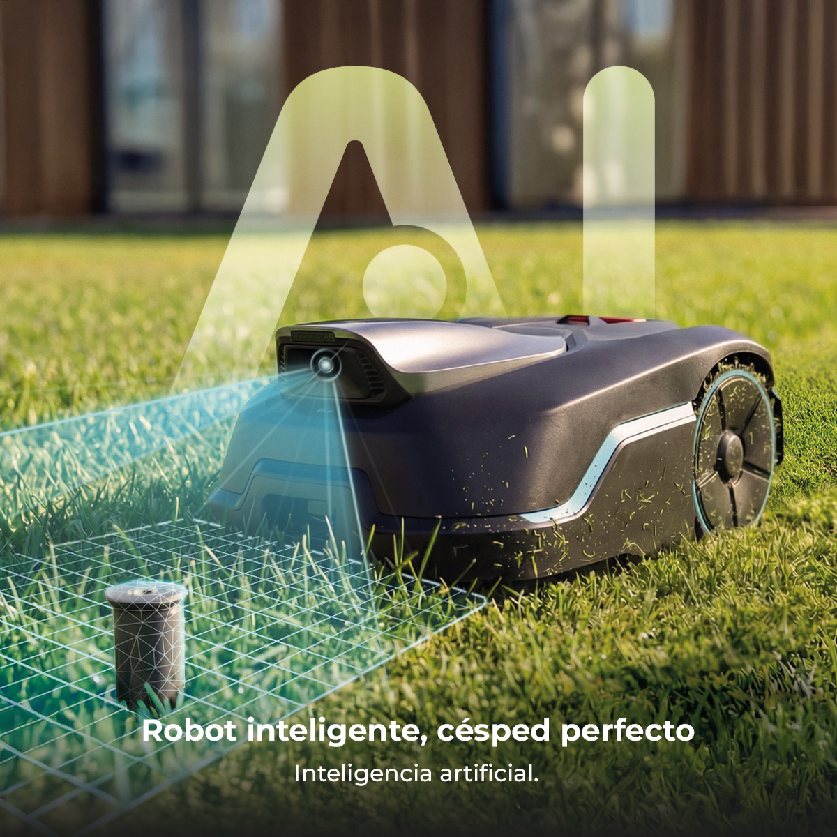 Un robot cortacésped negro corta un césped verde con un 'IA' estilizado encima.