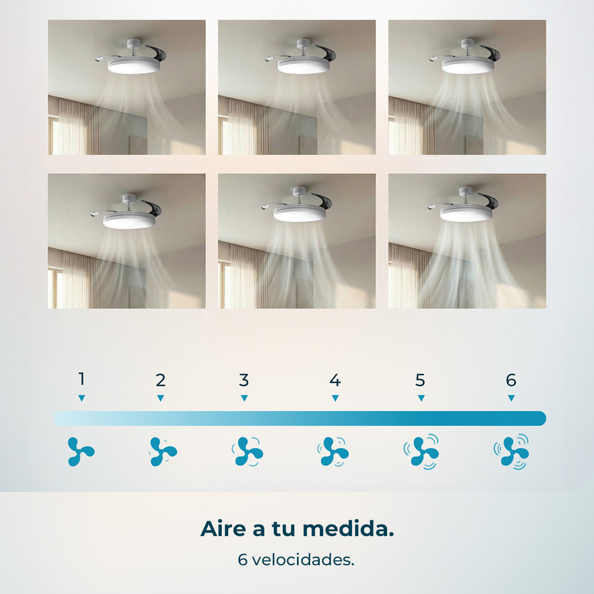 Ventilador de techo con 6 velocidades, mostrando el flujo de aire en cada nivel.