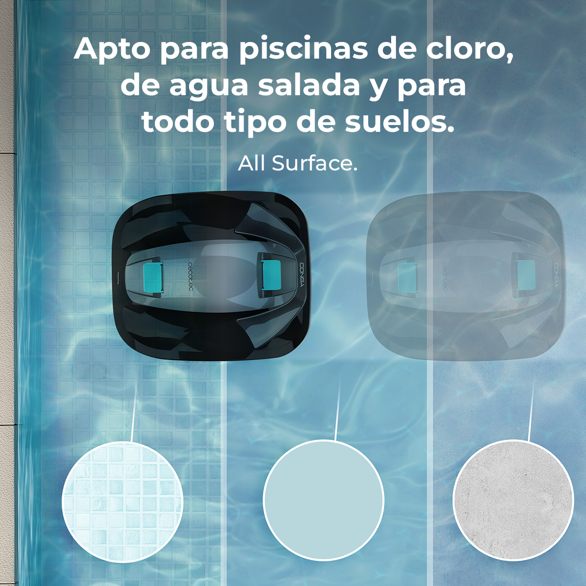 Un limpiafondos en agua azul, apto para todas las superficies.