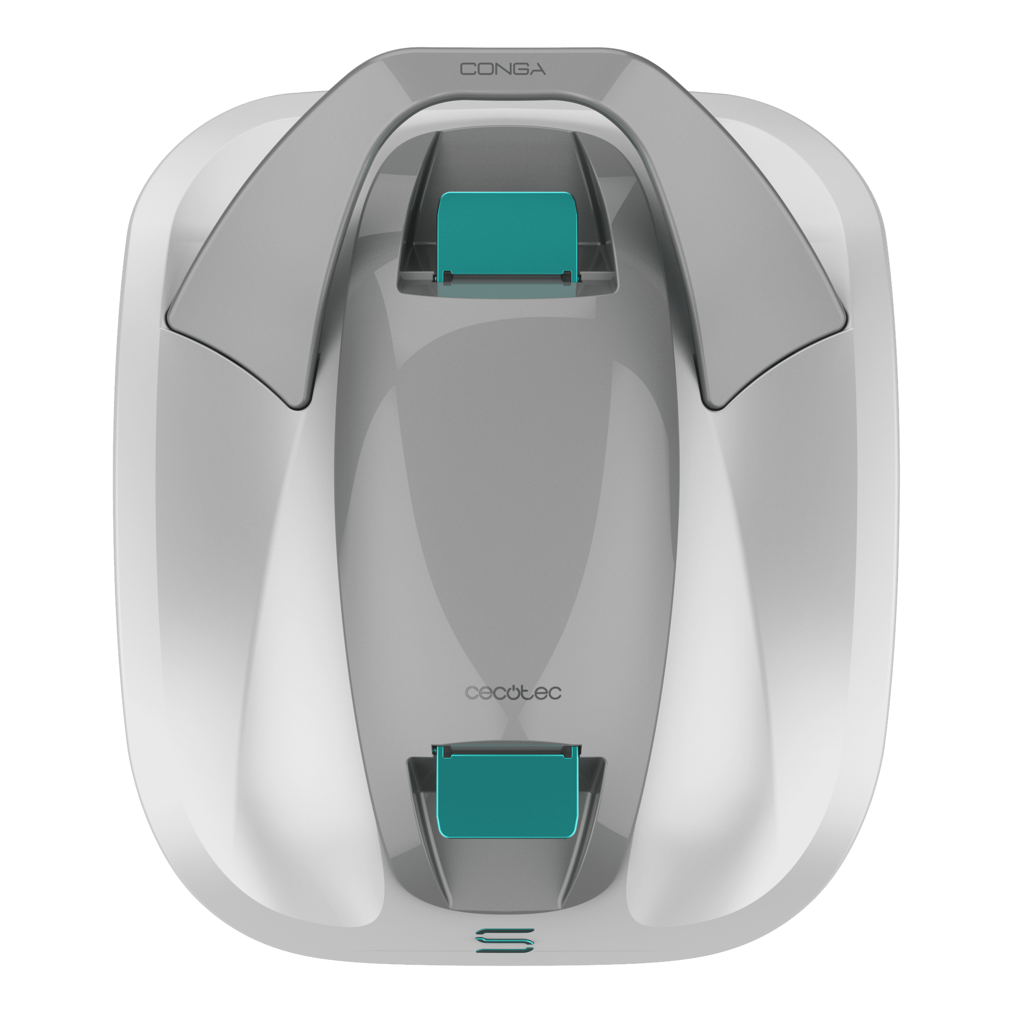 Un robot aspirador blanco y gris con detalles turquesa sobre fondo verde.