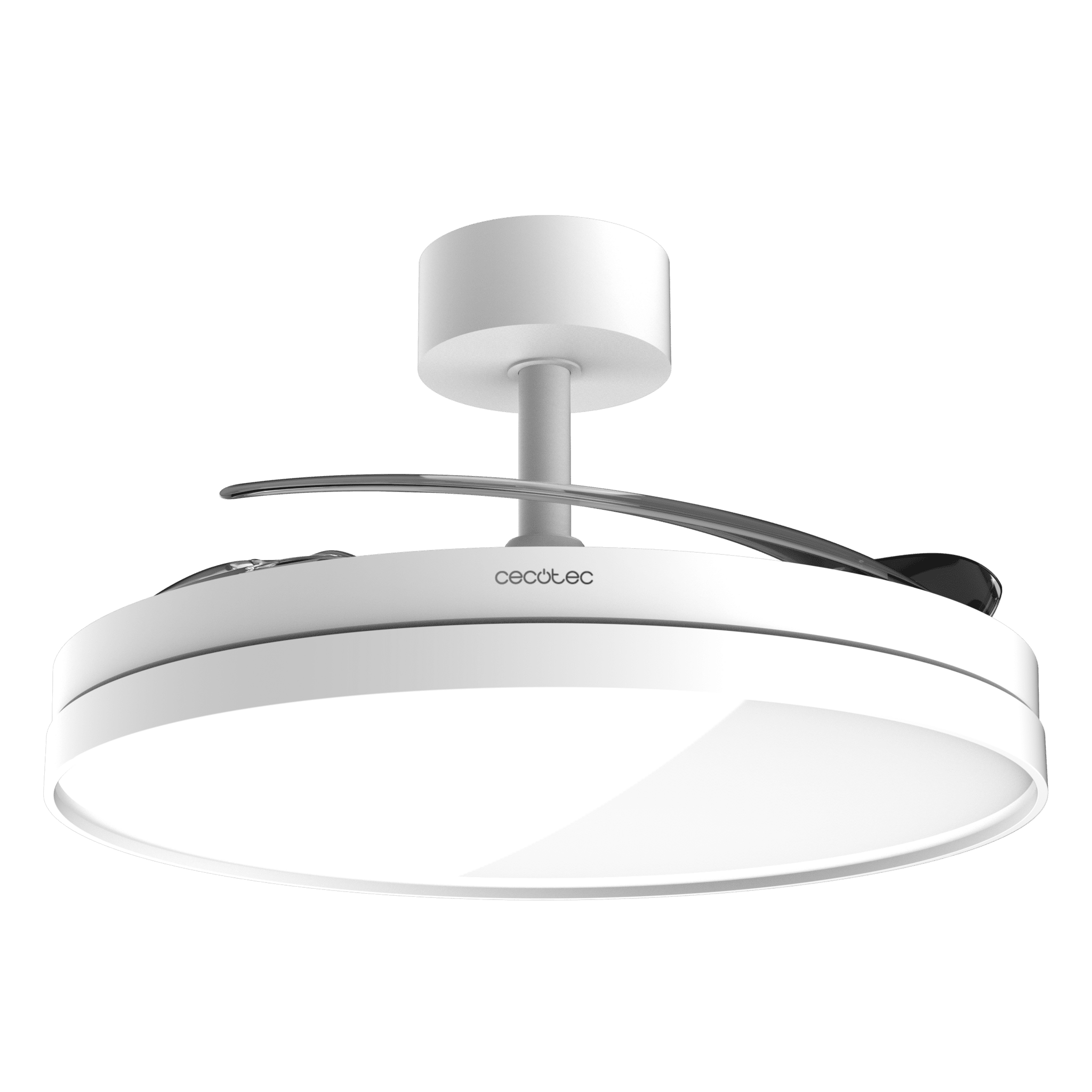 Ventilador de techo blanco con aspas retráctiles y detalles plateados.