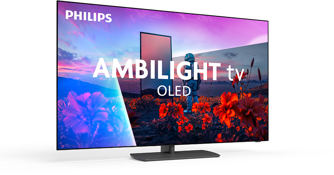 Egy Philips Ambilight OLED TV, amely egy űrhajós jelenetet jelenít meg.
