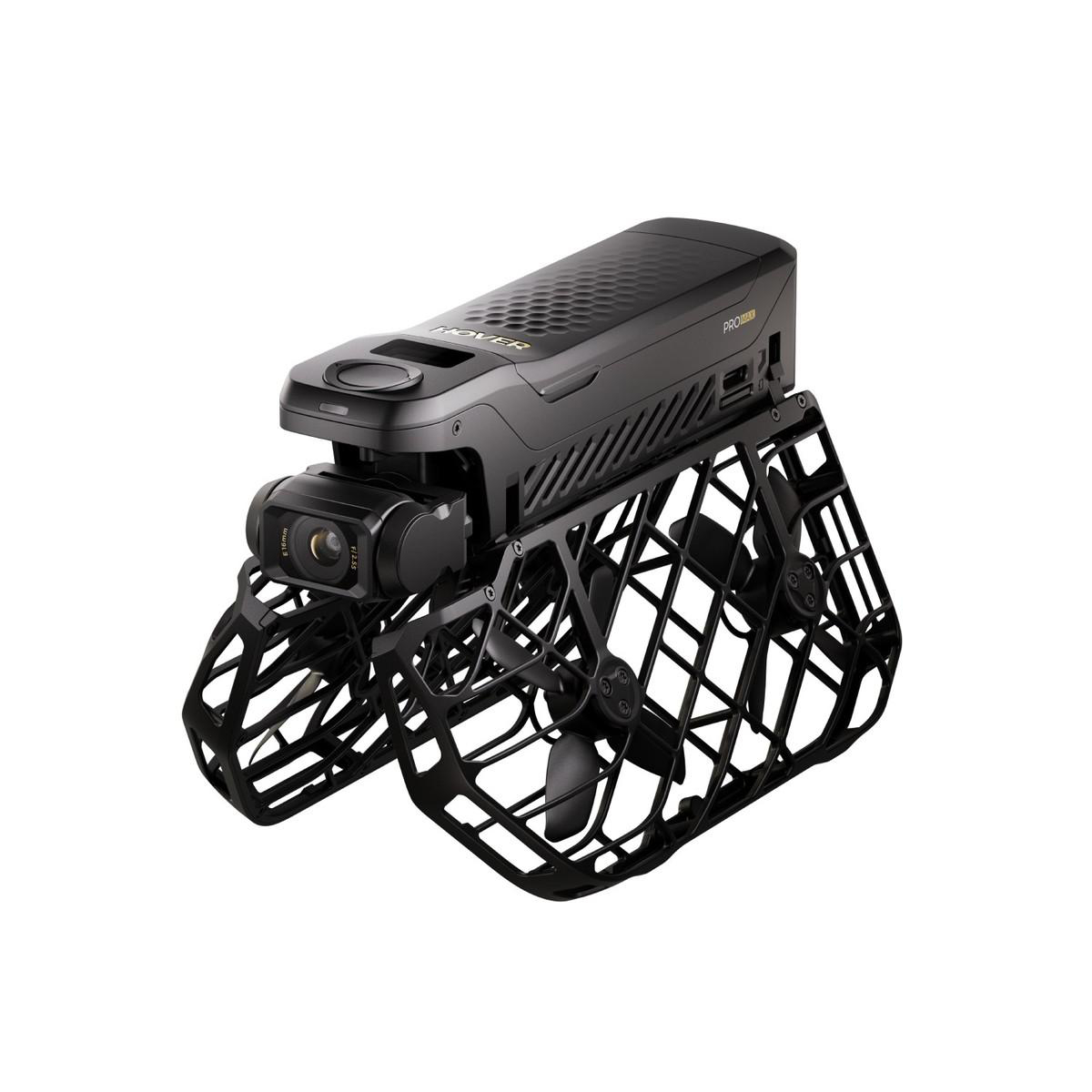 Ein schwarzer Gimbal-Drohnen-Unterwasser-Scooter mit Kameras und Schutzgittern.