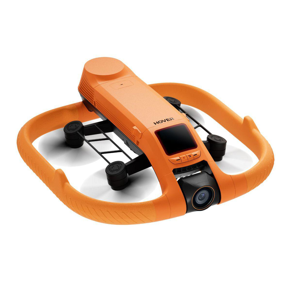 Orange Drohne mit Schutzring, Kamera und Bildschirm, auf weißem Hintergrund.