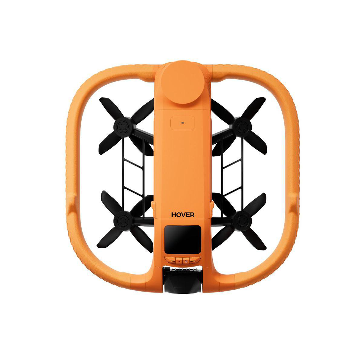 Orange Drohne mit vier schwarzen Propellern und einem Bildschirm.