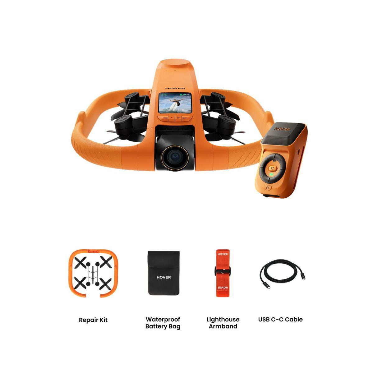 Ein orangefarbener Drohnen-Kit mit Fernbedienung, Reparaturset, Tasche, Armband und Kabel.