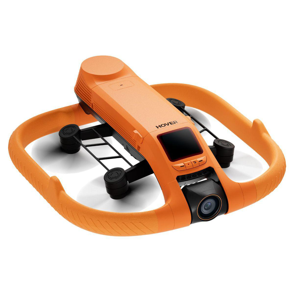 Orange Drohne mit Schutzrahmen, Kamera und Bildschirm.