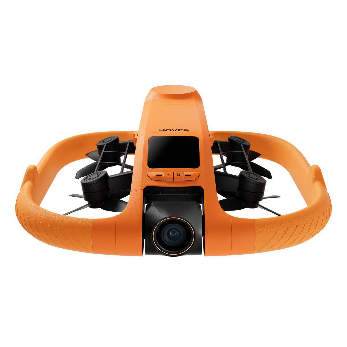 Orange Drohne mit Kamera und Propellern, weißer Hintergrund.