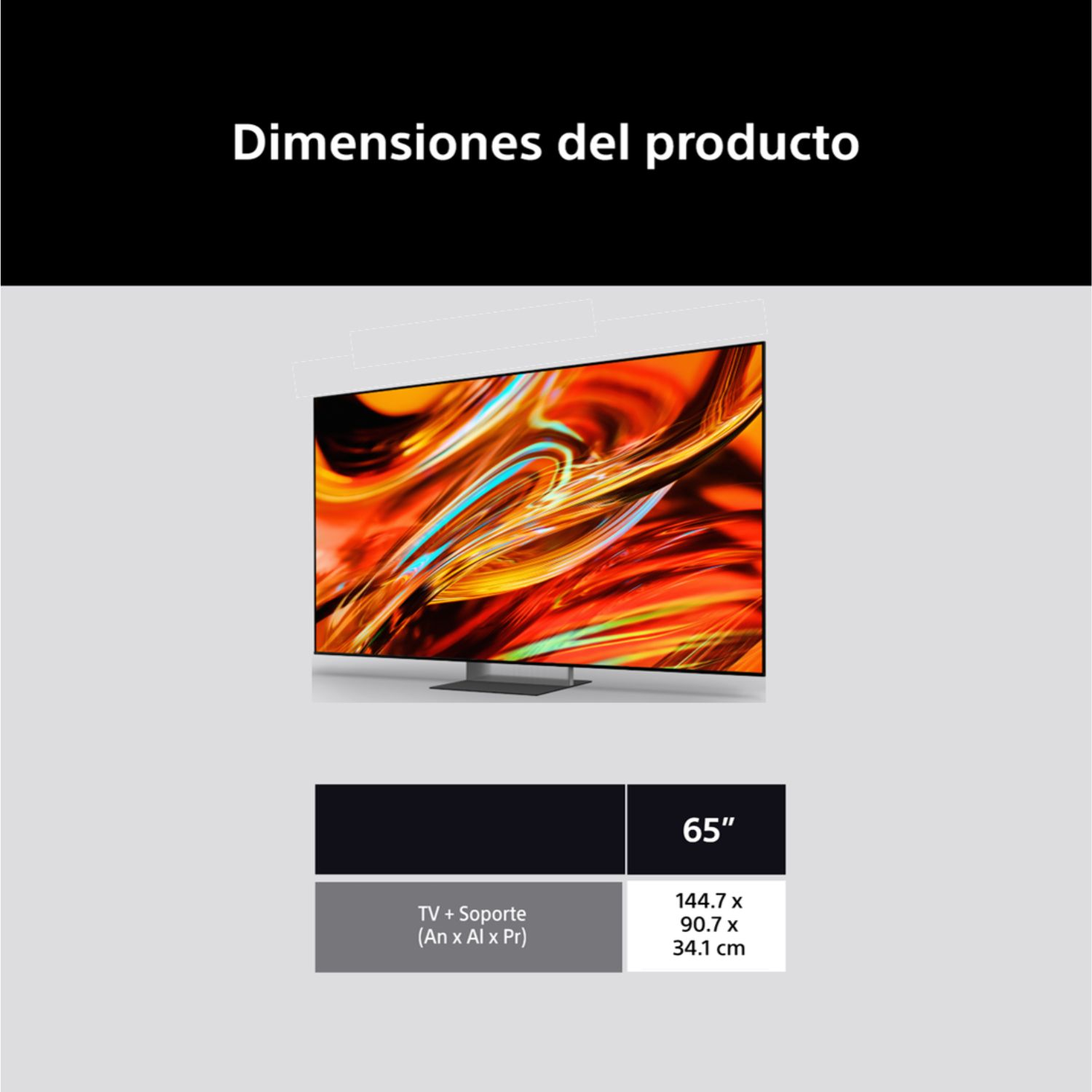 Dimensiones del producto: TV + Soporte (An x Al x Pr) 144.7 x 90.7 x 34.1 cm.