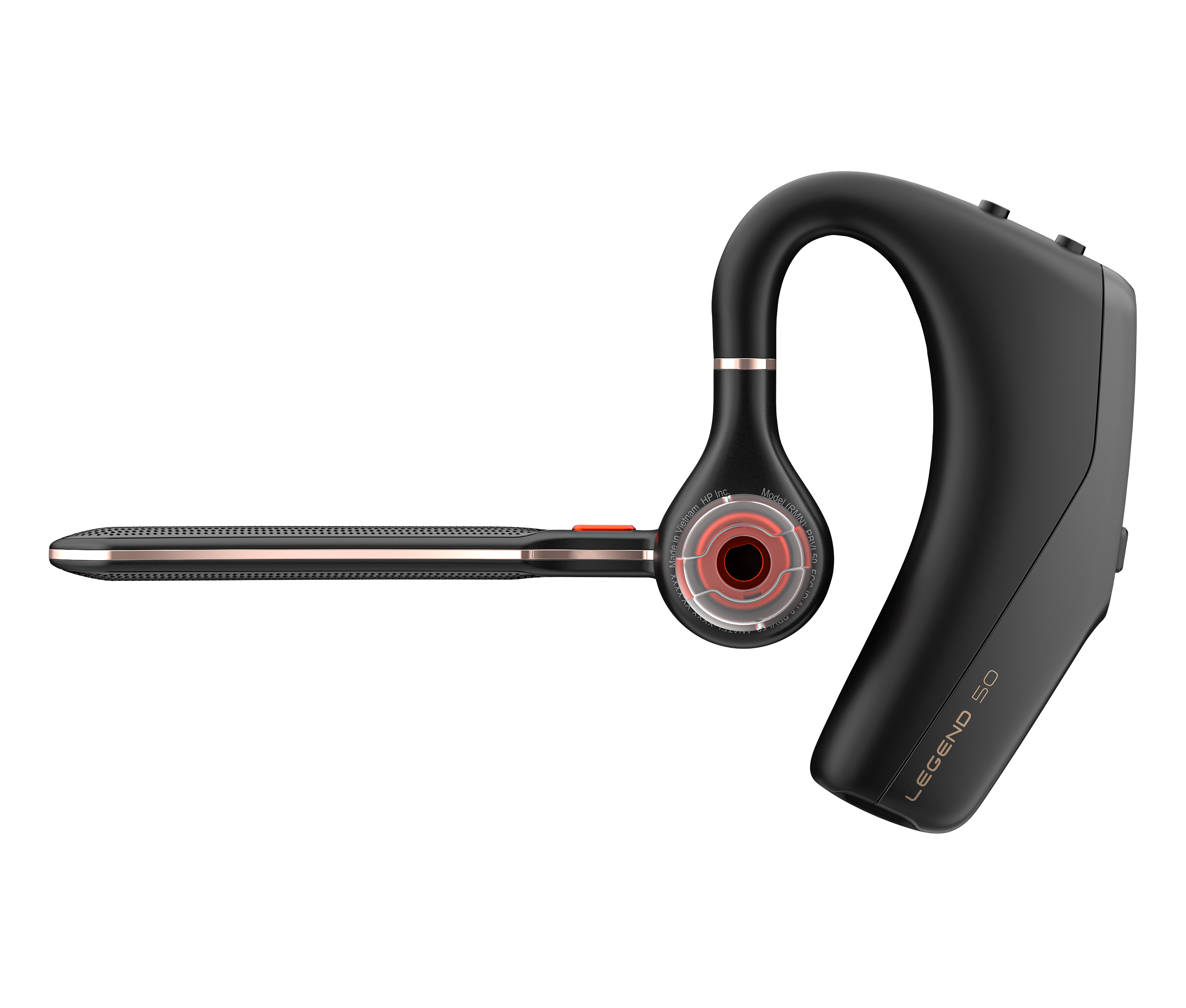 Schwarzer Bluetooth-Kopfhörer mit roségoldenen Akzenten und rotem Leuchten.