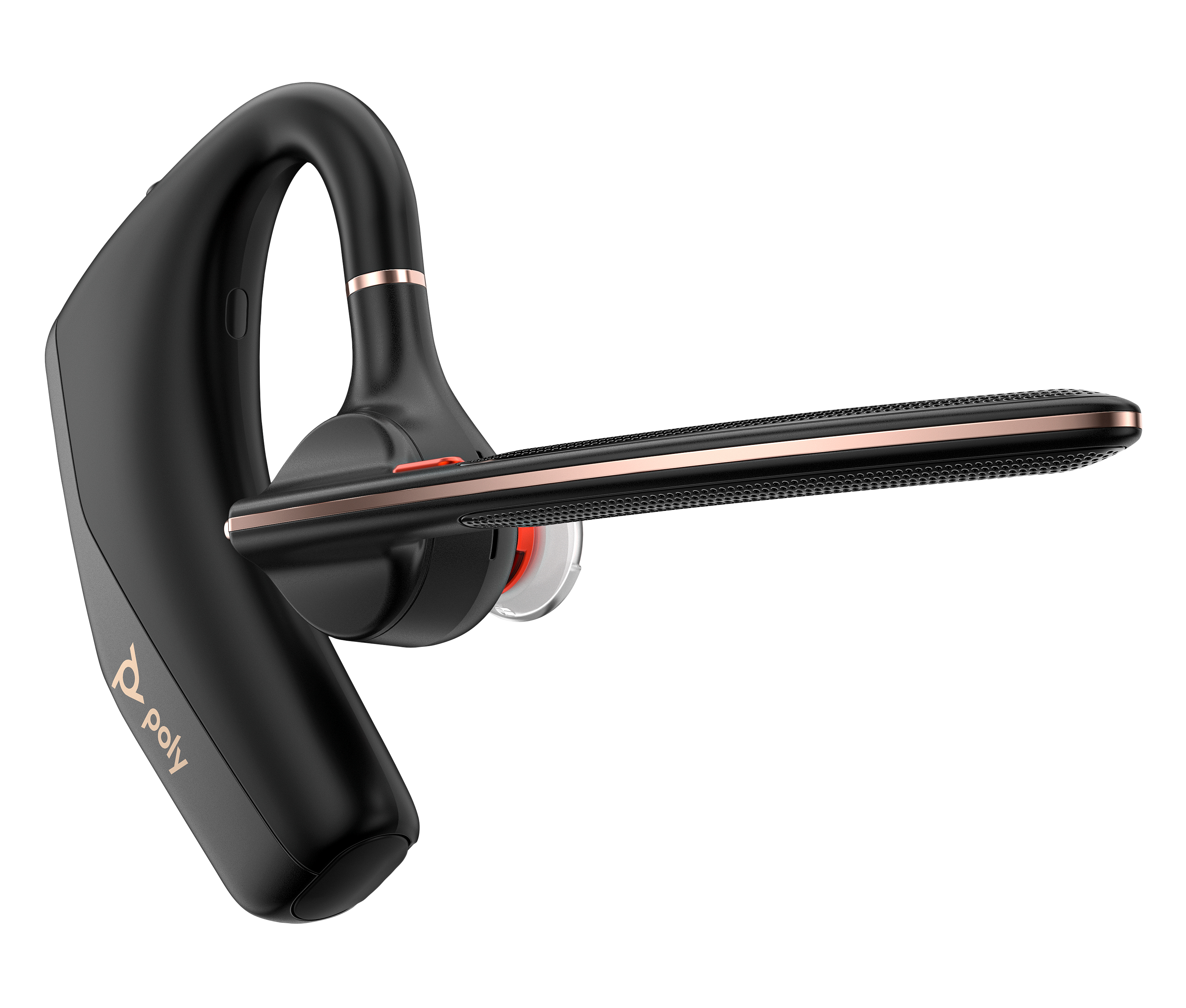 Schwarzer Poly-Headset mit roségoldenen Akzenten und rotem Knopf.