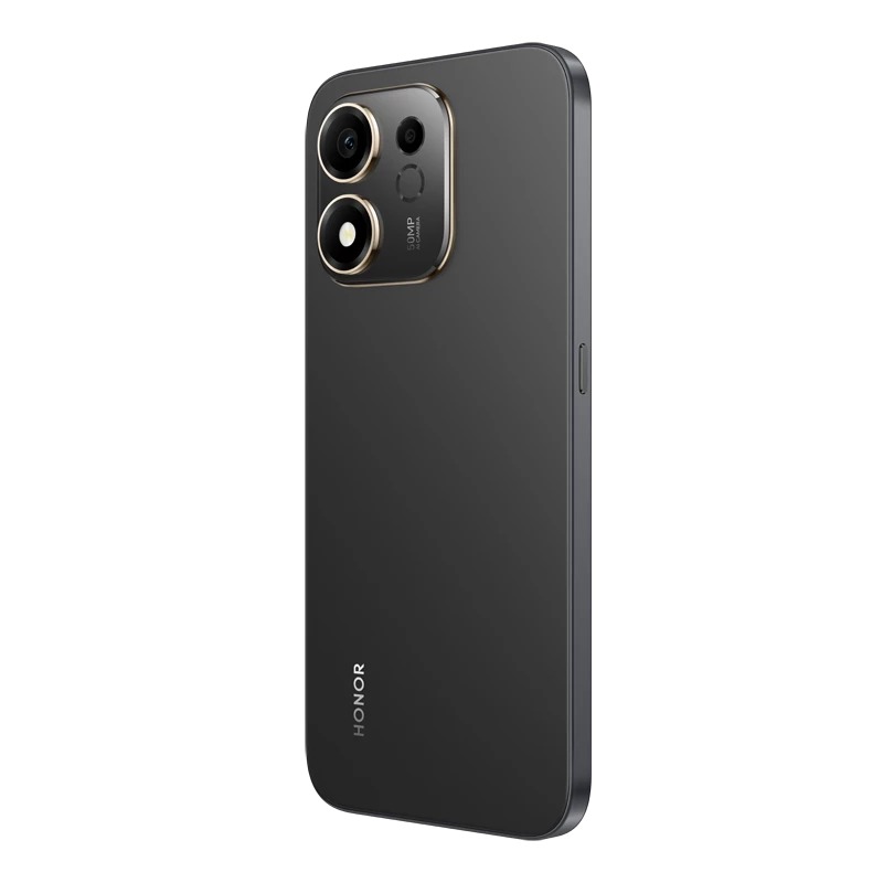 Dunkelgraues Honor Smartphone mit zwei Kameras, Goldrand, auf schwarzem Hintergrund.