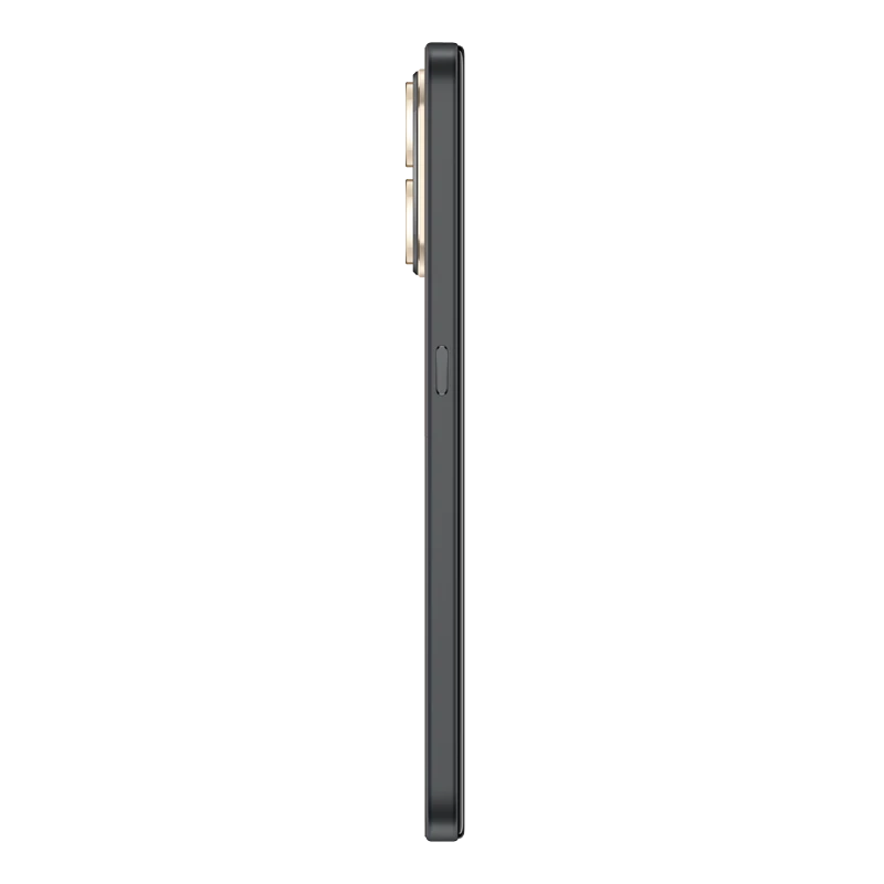 Profilansicht eines schwarzen Smartphones mit goldenen Kameralinsen auf schwarzem Hintergrund.