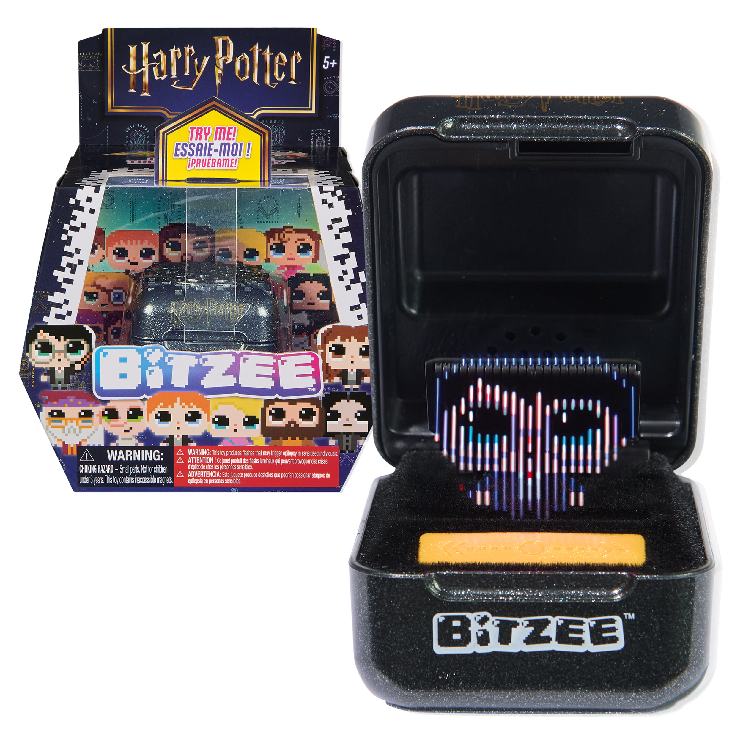 Zabawka Harry Potter Bitzee w pudełku i otwarta, z pikselowymi postaciami i podświetlanym ekranem.
