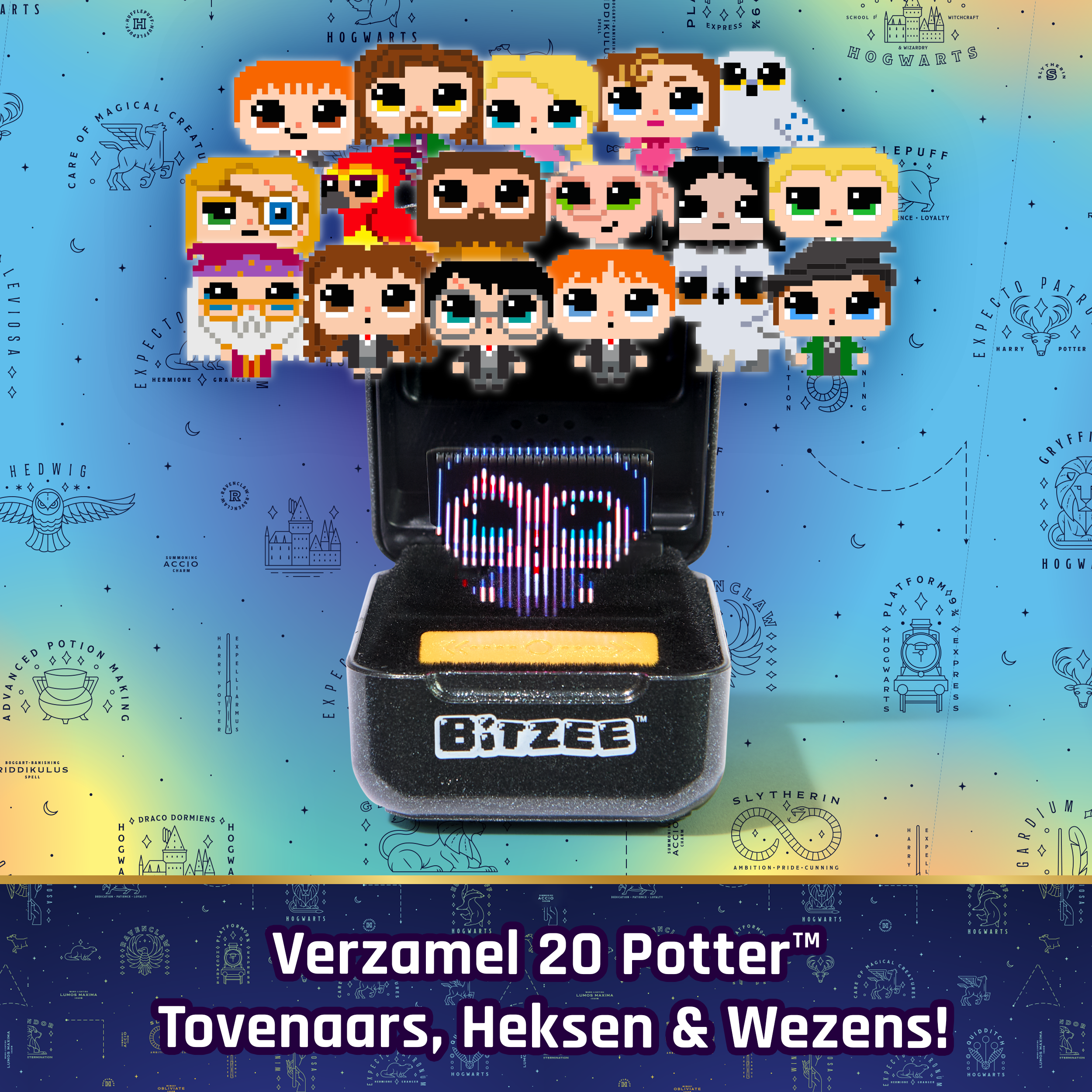 Postacie z Harry'ego Pottera w stylu pixel art nad urządzeniem Bitzee na magicznym tle.