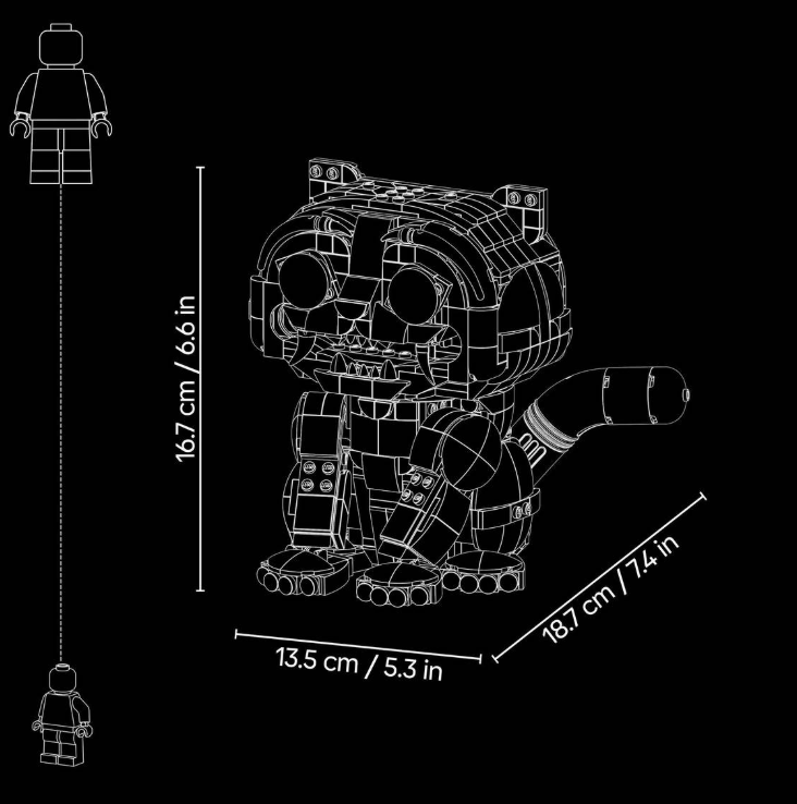 Ein Lego-Tiger-Modell mit Maßen: Höhe 16,7 cm, Breite 13,5 cm, Länge 18,7 cm.