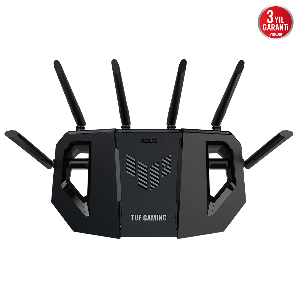 Beş antenli ve garanti damgalı siyah Asus TUF Gaming Wi-Fi yönlendirici.