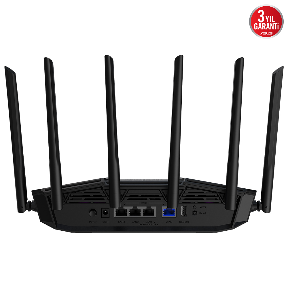 Altı antenli ve çoklu bağlantı noktalarına sahip siyah ASUS router.