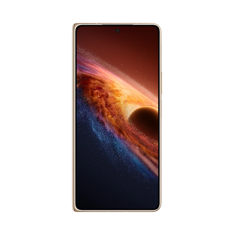Ein goldfarbenes Smartphone mit einem Weltraumbildschirm.