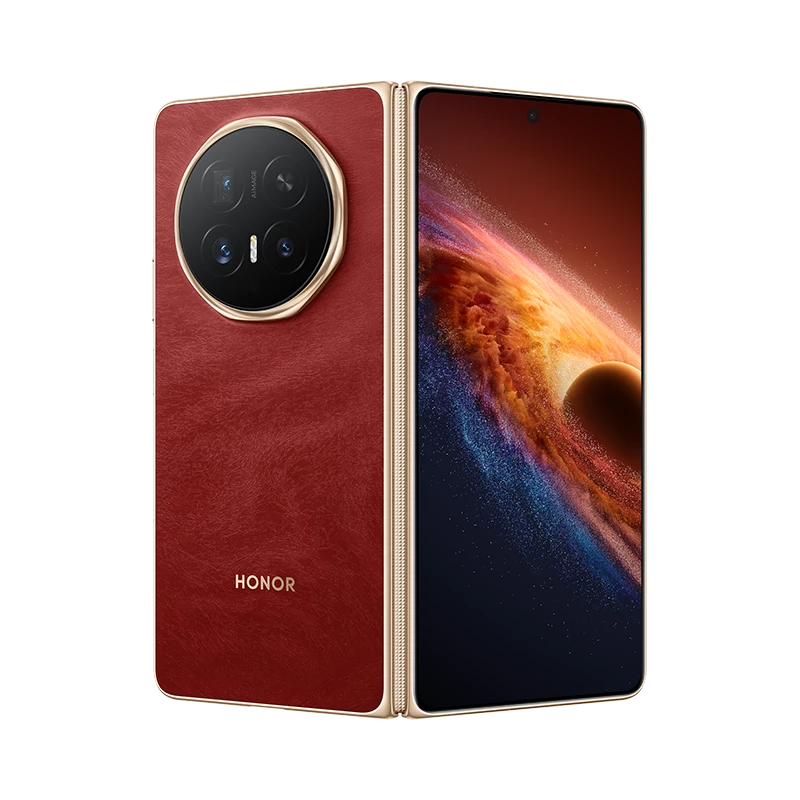 Rotes Klapphandy mit Goldrand, Kamera auf der Rückseite und Bildschirm mit kosmischem Hintergrund.