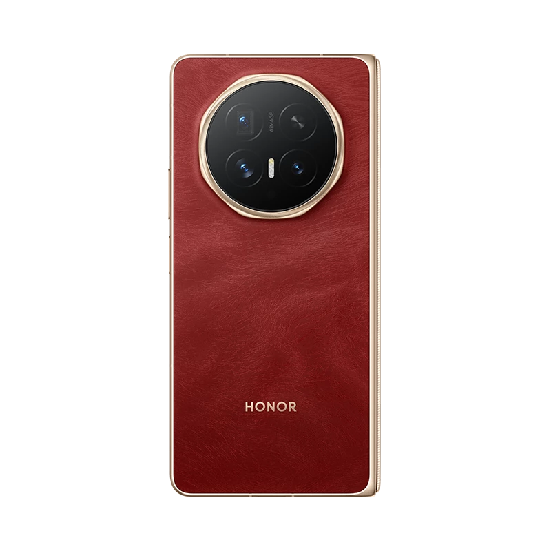 Rückseite eines roten Smartphones mit Kameramodul und HONOR-Logo.