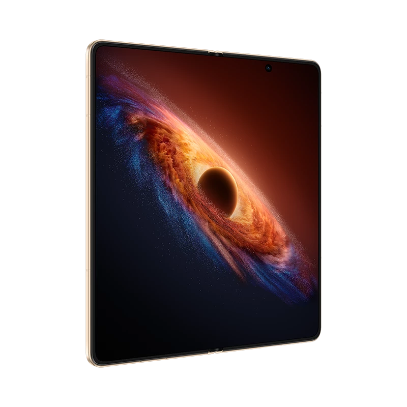 Ein offenes Smartphone mit kosmischer Hintergrundgrafik.