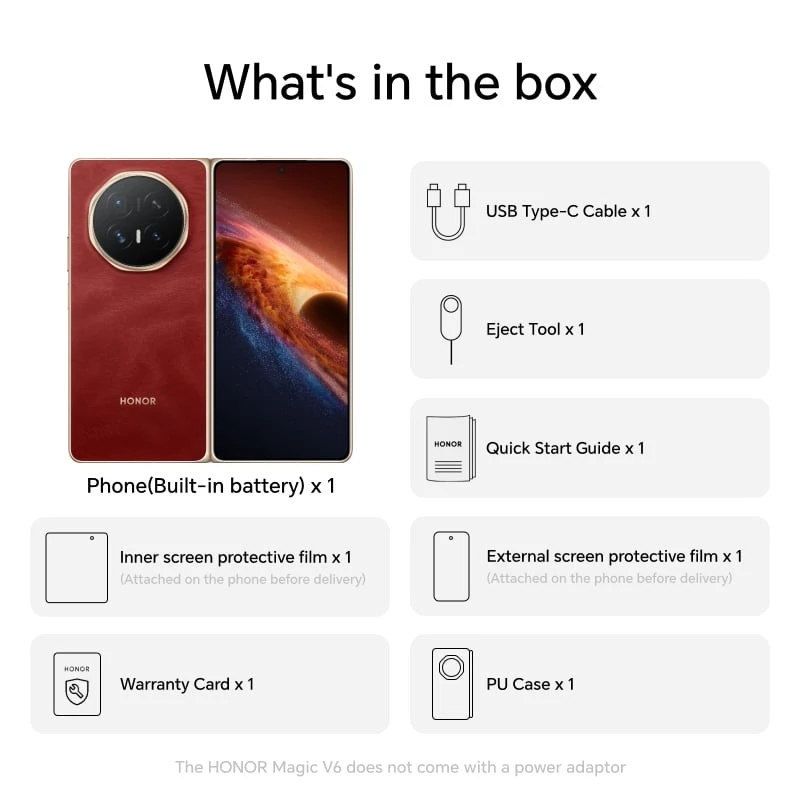 Was ist in der Box: HONOR Telefon, USB-C-Kabel, Ejekt-Werkzeug, Anleitung, Schutzfolien, Garantiekarte, PU-Hülle.
