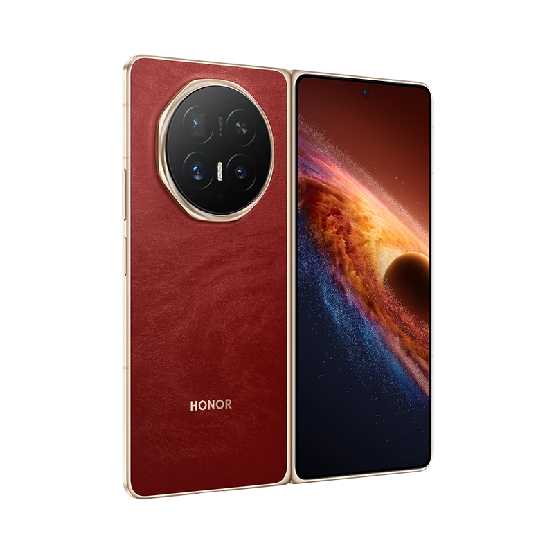 Ein rotes faltbares Honor-Telefon mit runder Kamera. Der Bildschirm zeigt einen bunten Nebel.
