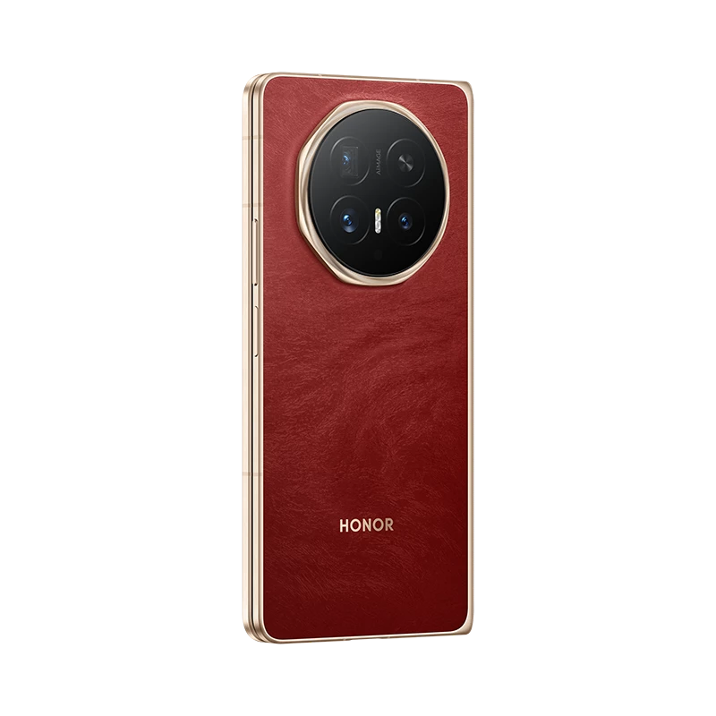 Rotes Smartphone mit goldenem Rahmen und runder Kameramodul auf der Rückseite.