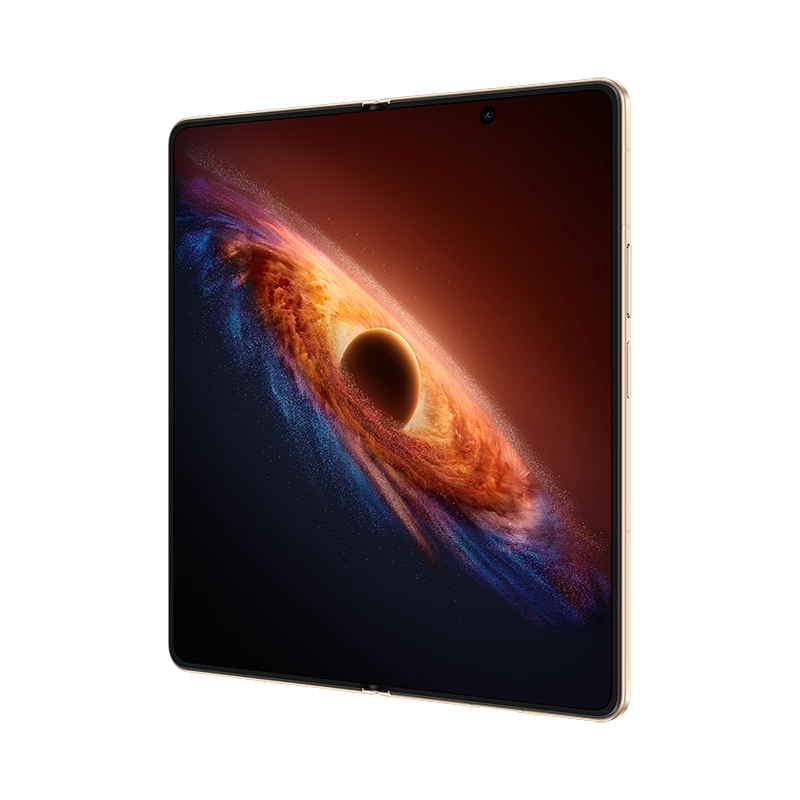 Ein goldenes Smartphone mit einem kosmischen Hintergrundbild.