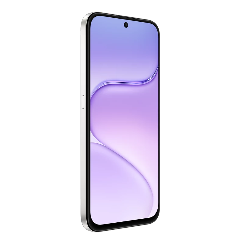 Ein silbernes Smartphone mit einem lilafarbenen Hintergrund und einer Kamera.