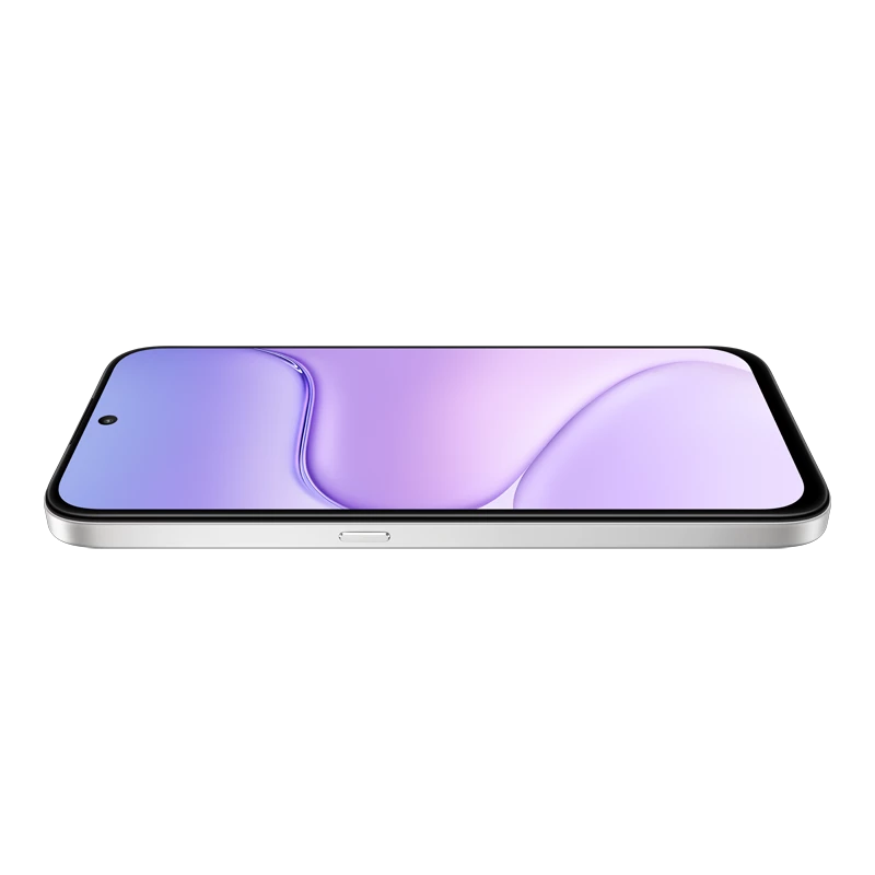Ein silbernes Smartphone mit einem lila Hintergrund auf dem Bildschirm.