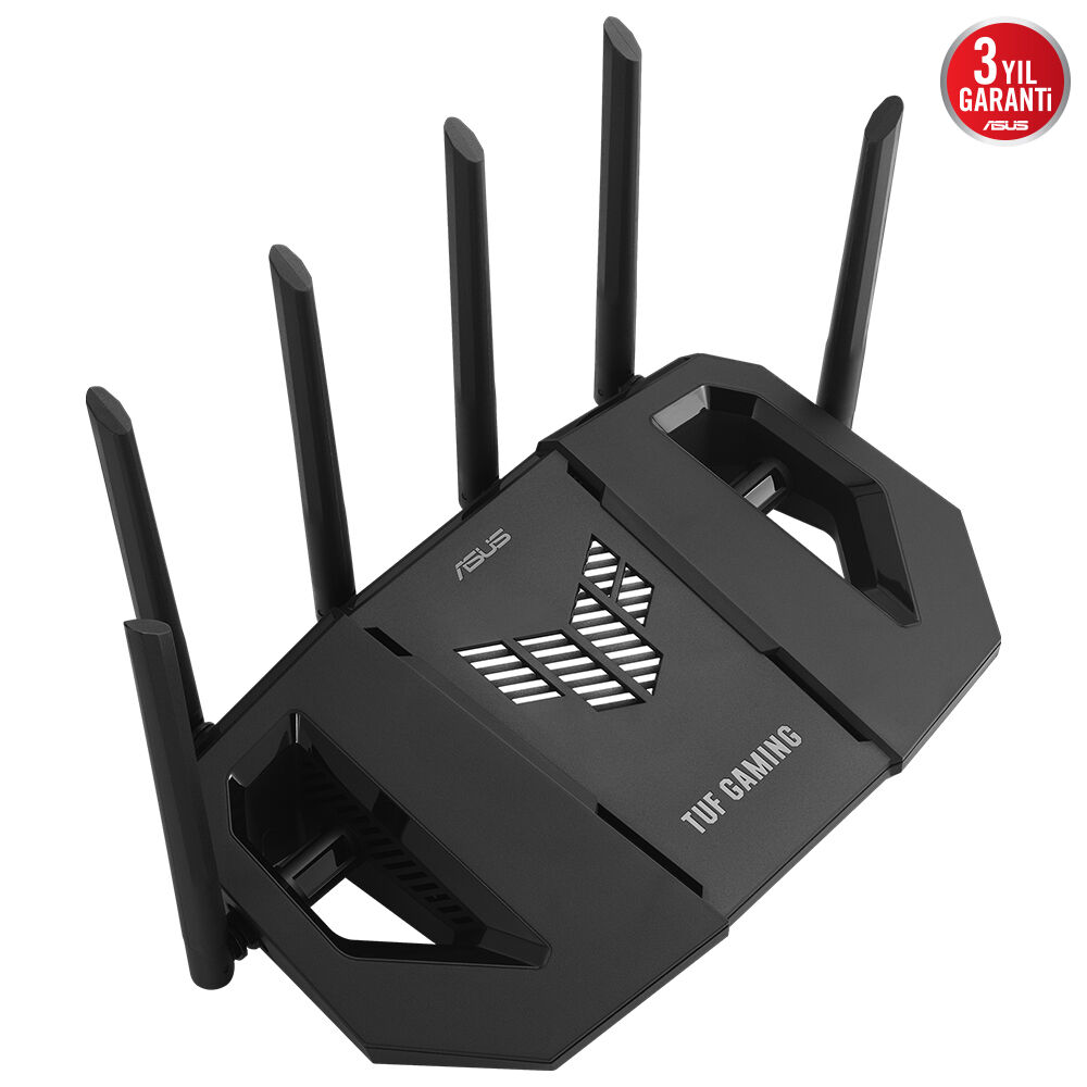 Çoklu antenli ve TUF GAMING logolu siyah bir ASUS router.