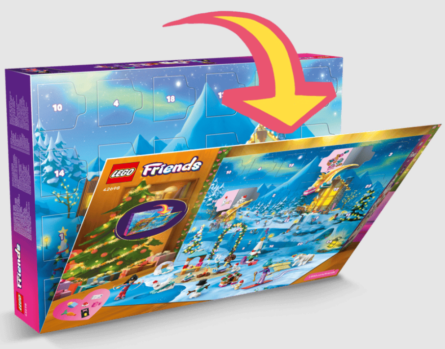 Ein aufklappbarer Lego Friends Adventskalender mit Winterlandschaft und Weihnachtsbaum.