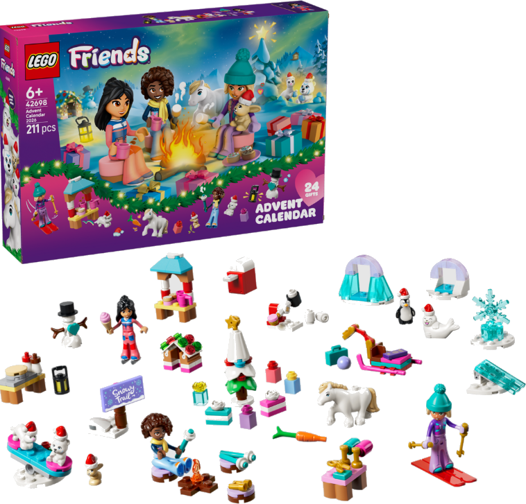 LEGO Friends Adventskalender mit Figuren, Tieren und winterlichen Szenen.