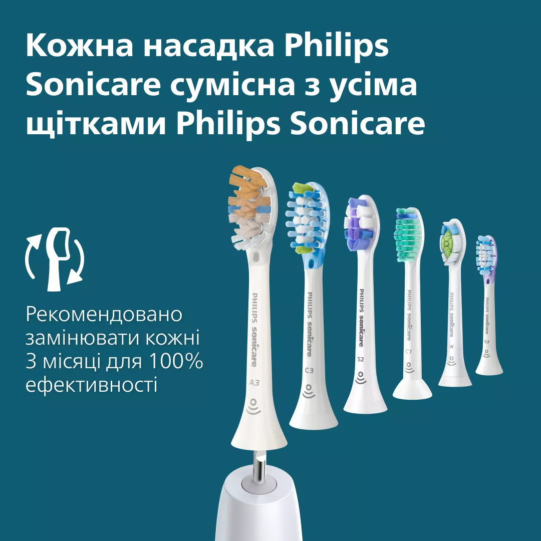 Sześć końcówek do szczoteczki Philips Sonicare w różnych kolorach na niebieskim tle.