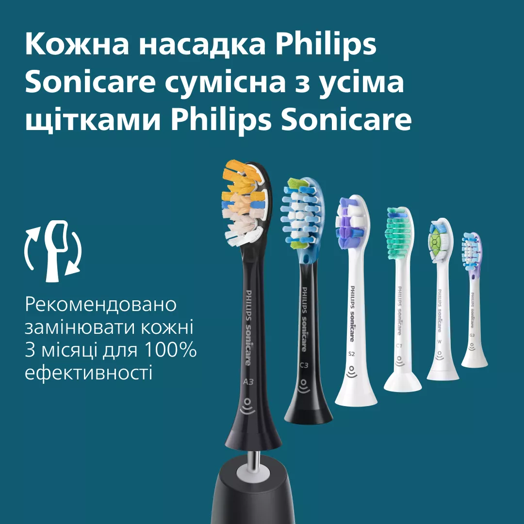 Sześć końcówek Philips Sonicare w różnych kolorach i rozmiarach.