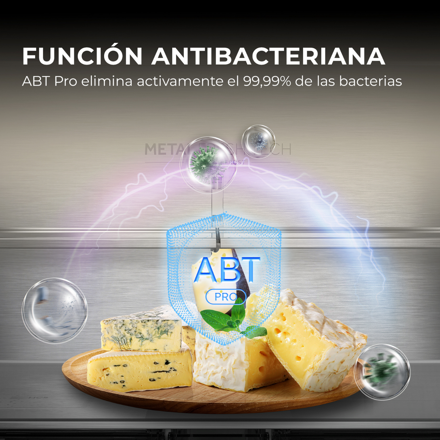 Varios quesos en tabla de madera, con gráficos de bacterias y escudo.