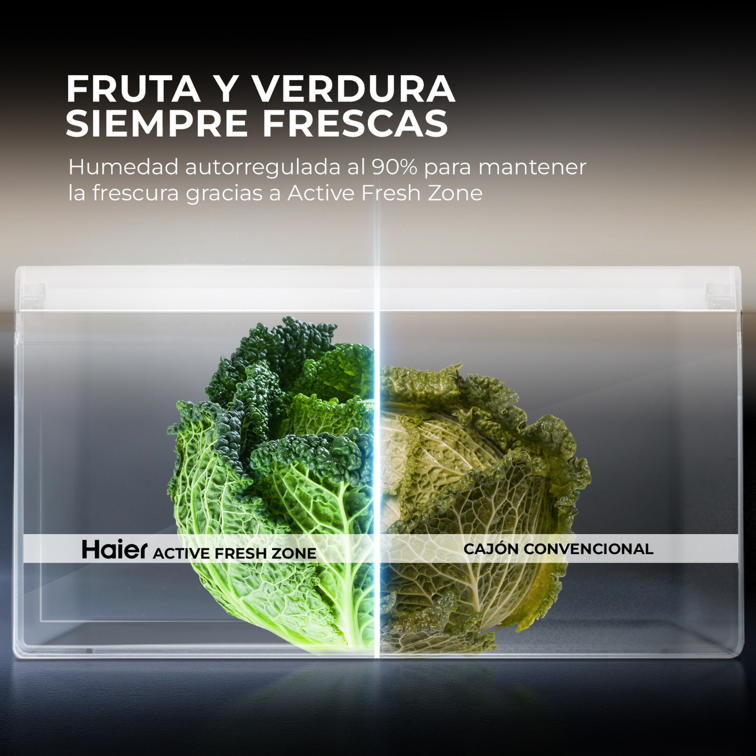 Una col dividida: fresca a la izquierda en Active Fresh Zone, marchita a la derecha en cajón normal.