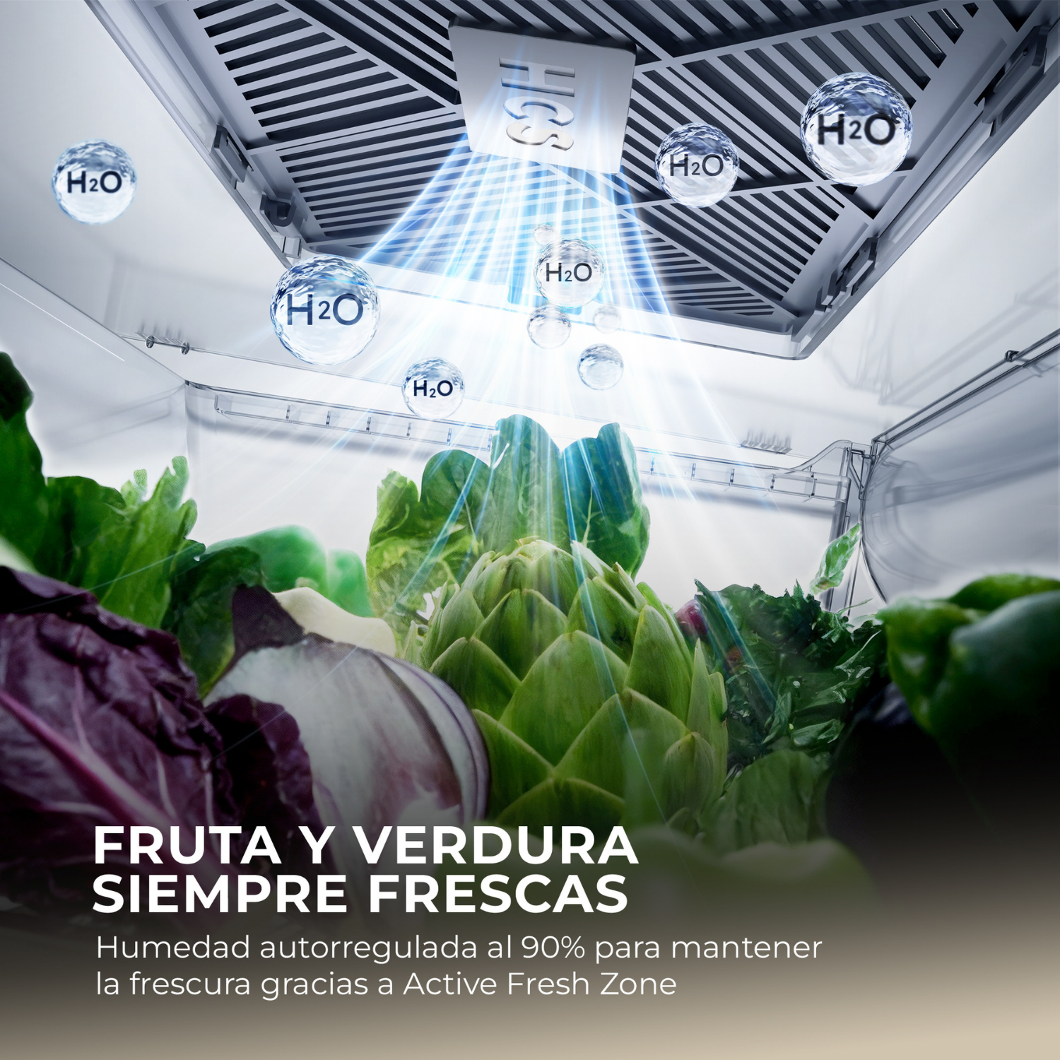 Frutas y verduras frescas en un refrigerador con símbolos H2O.
