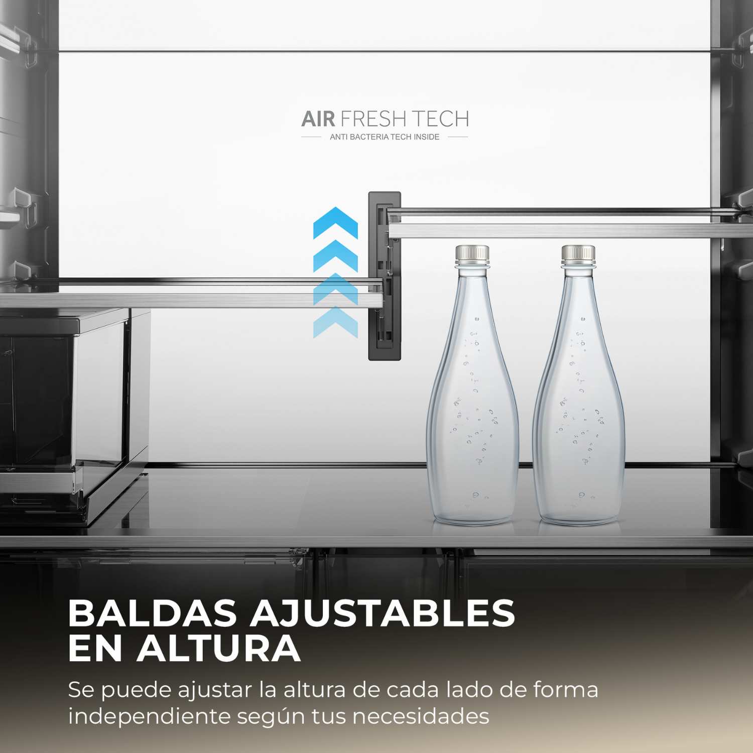 Dos botellas de vidrio en un estante de refrigerador con texto "Air Fresh Tech".