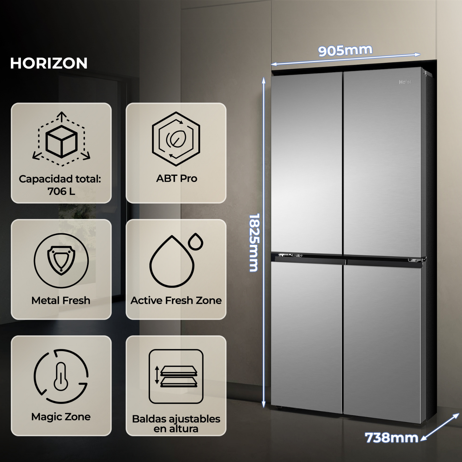 Un frigorífico plateado de cuatro puertas, medidas 1825x905x738mm, con 706L de capacidad.