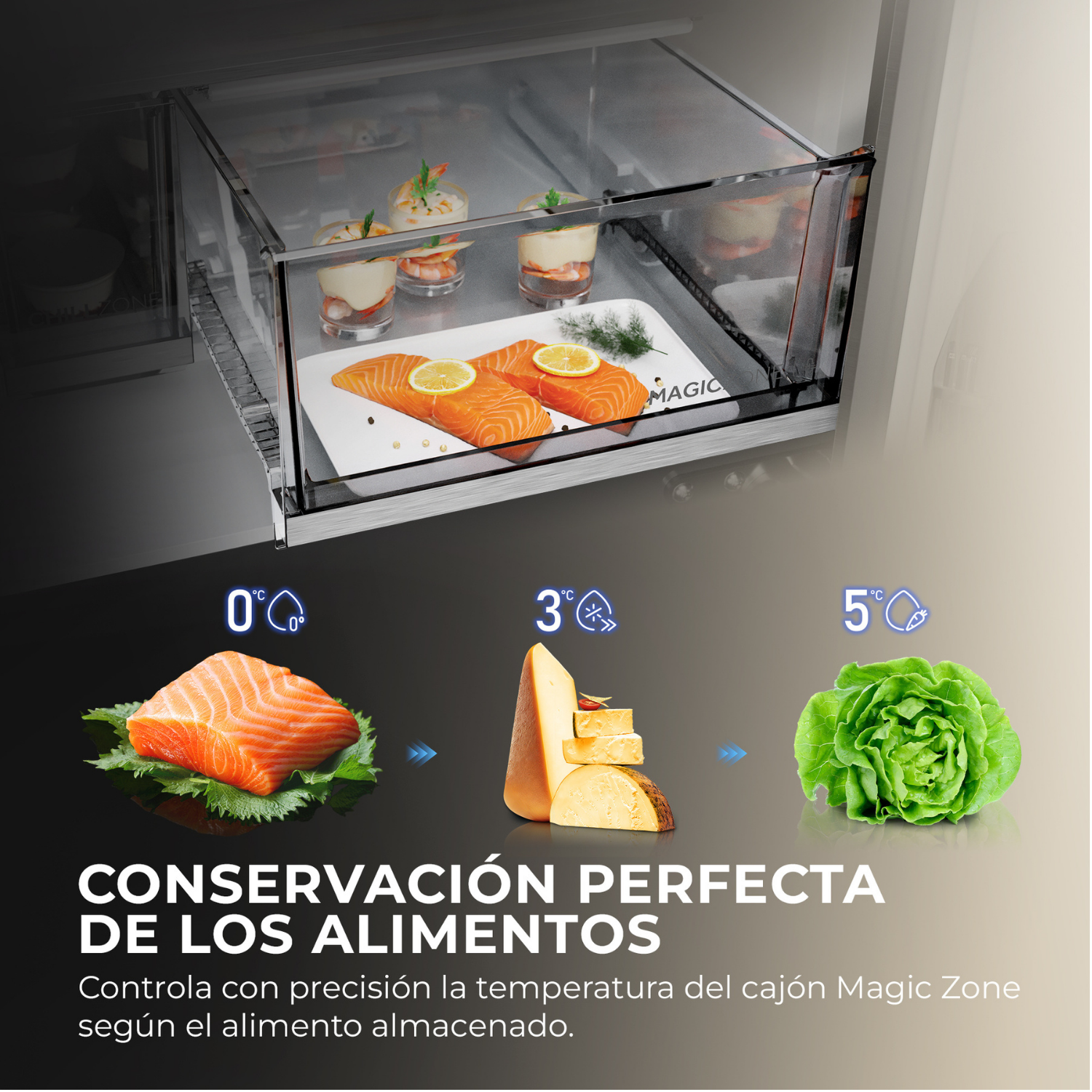 Un cajón de frigorífico con salmón, queso y lechuga a diferentes temperaturas.