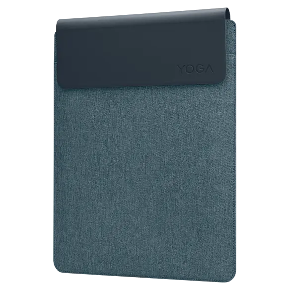 Ein blauer Stoffbezug mit dunklem Deckel und dem YOGA-Logo.