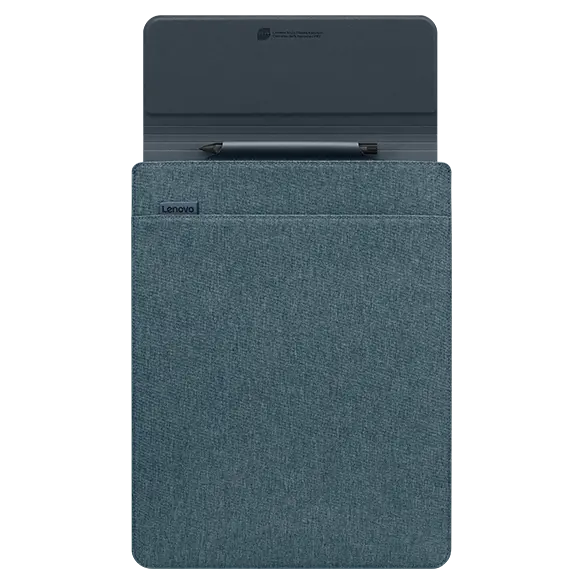 Ein blauer Lenovo Tablet-Ständer mit integriertem Stifthalter.