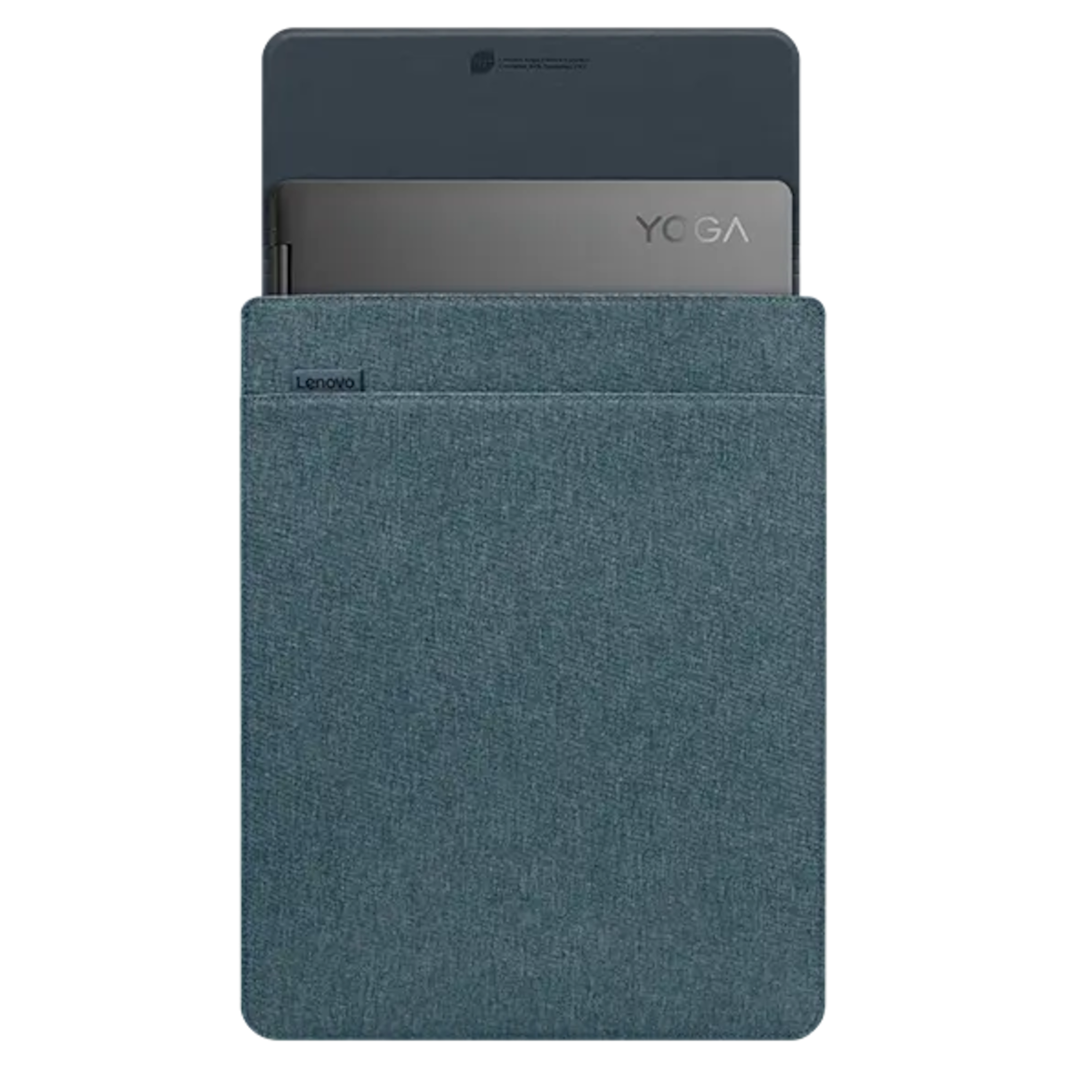 Ein graues Lenovo Tablet mit "YOGA" Schriftzug steckt in einer blauen Stoffhülle.