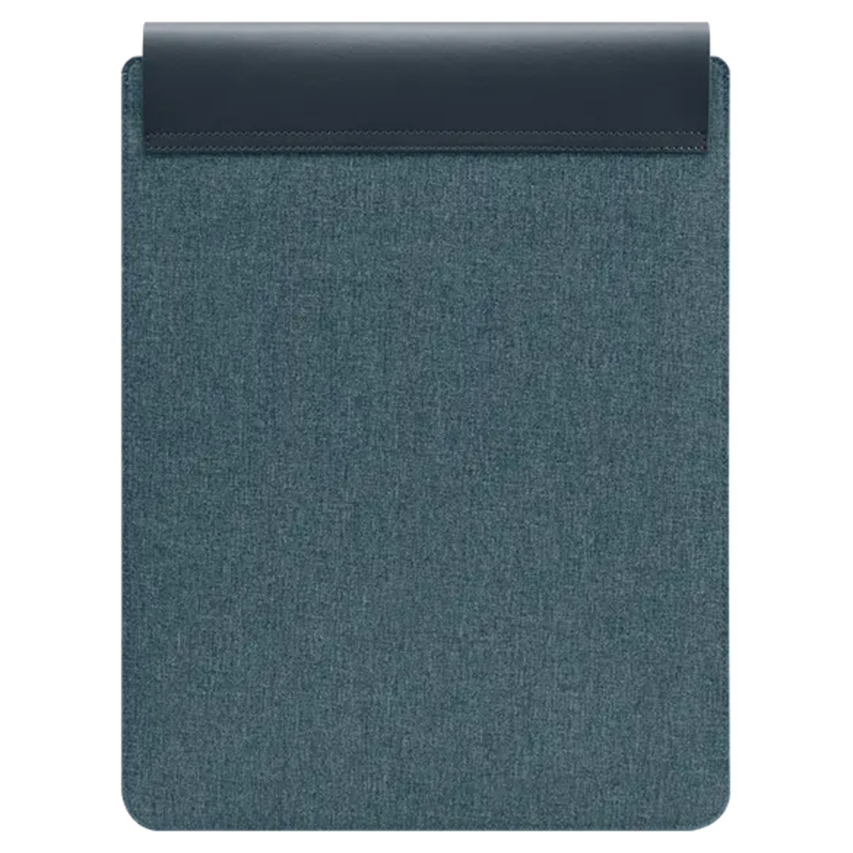 Ein blauer Stoffbeutel mit dunklem Lederstreifen oben.