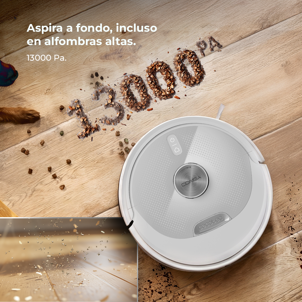 Un robot aspirador blanco limpia migas en suelo de madera. 13000 Pa.