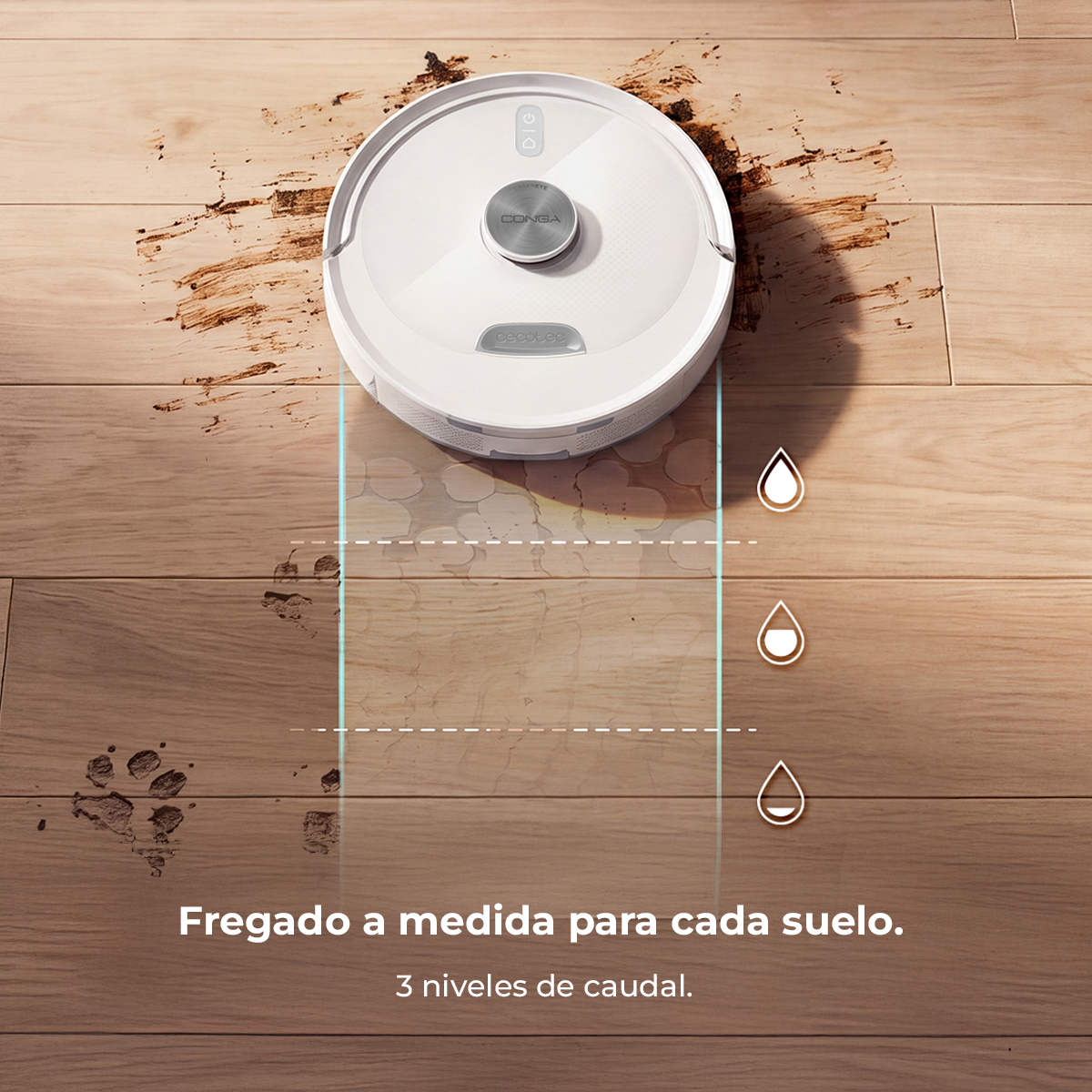 Un robot aspirador blanco limpia un suelo de madera con suciedad y huellas.